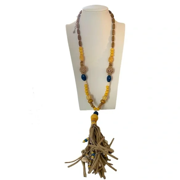 Chico's Long Wood Bead Leather Tassel Lariat Necklace Yellow Blue statement long - Picture 6 of 16